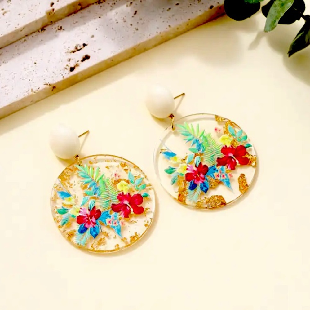 Trendy Acrylic Circle Tropical Hibiscus Flower Palm Leaf Earrings